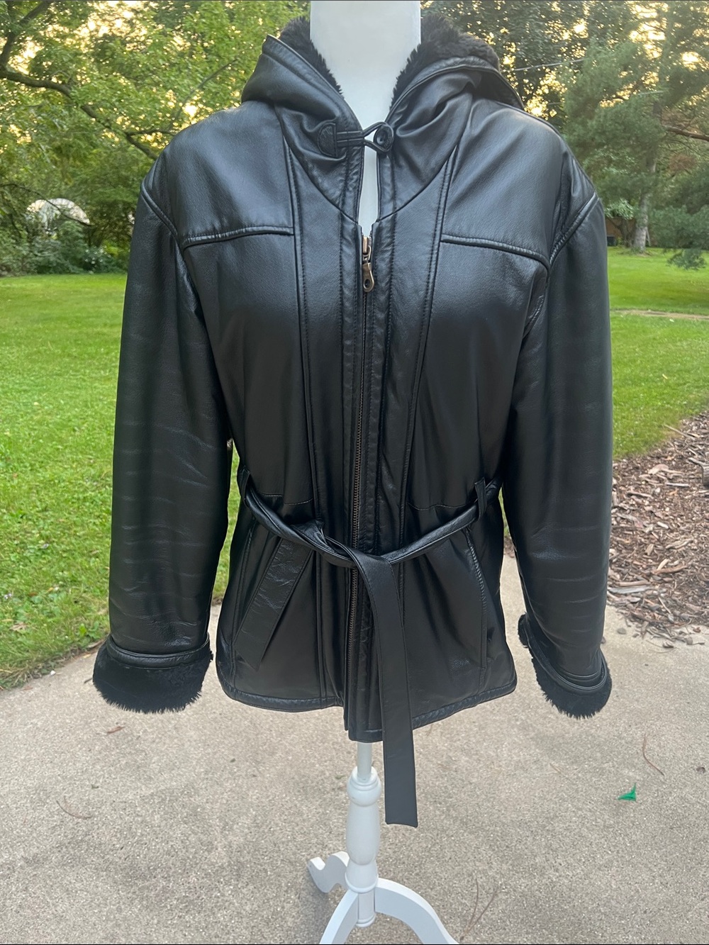 Vintage Y2K Wilsons Leather Hooded Parka Jacket Belted Faux Fur Lined Black M